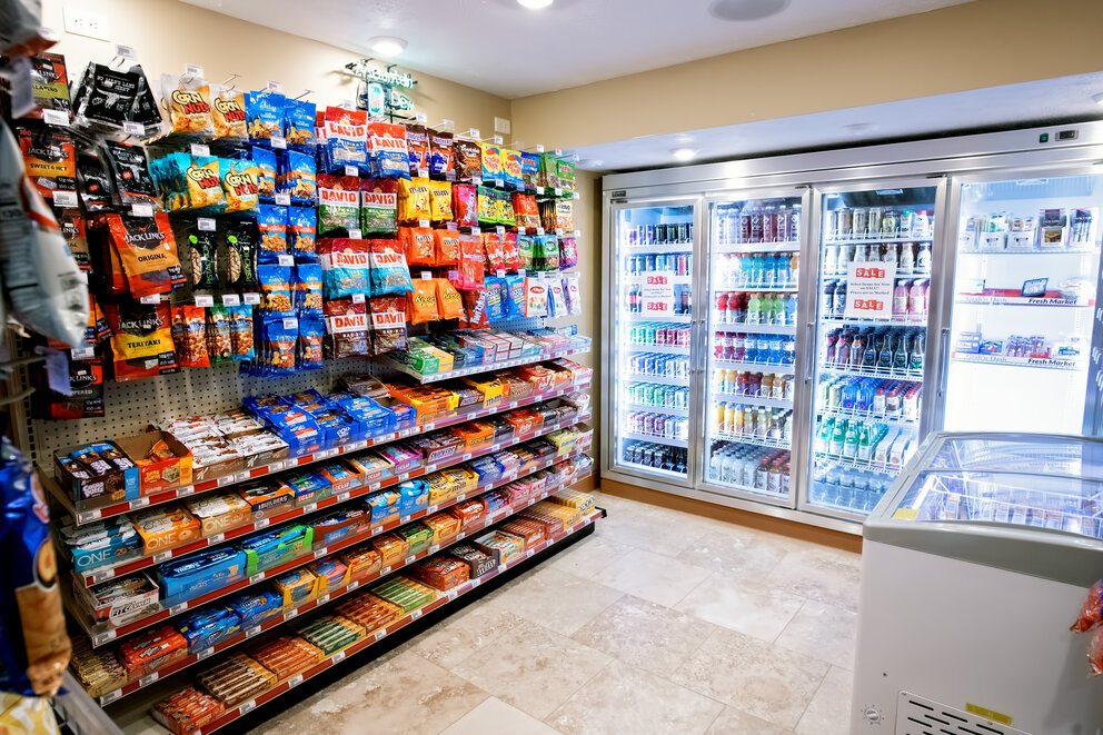 a store with a variety of snacks and drinks