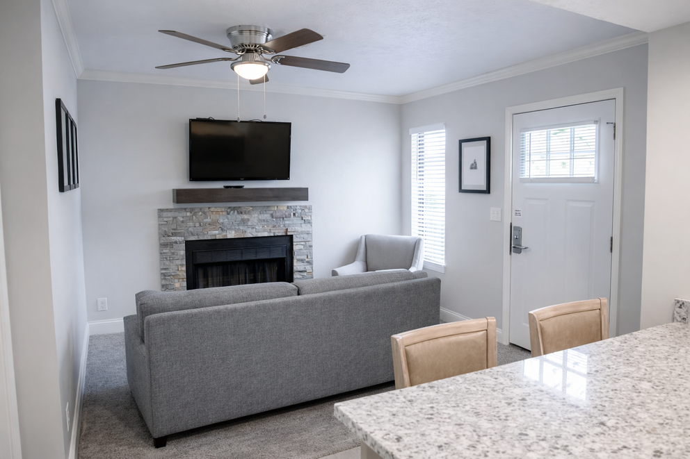 a living room with a fireplace and a tv