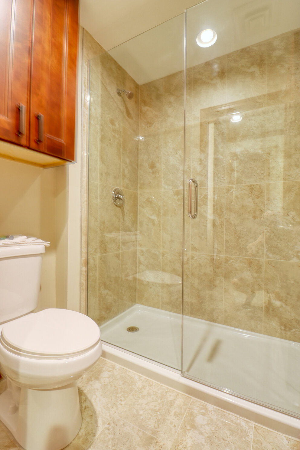 a bathroom with a glass shower