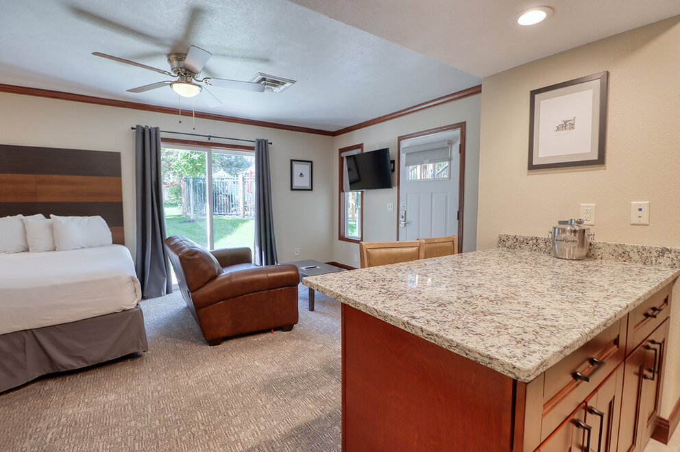 a room with a kitchen and a bed